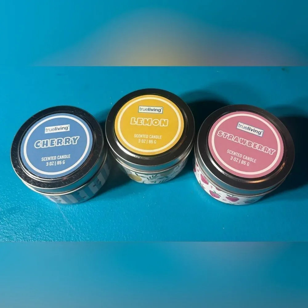 New! True Living 3 oz Candle Bundle of 3 Cherry Lemon Strawberry Scents